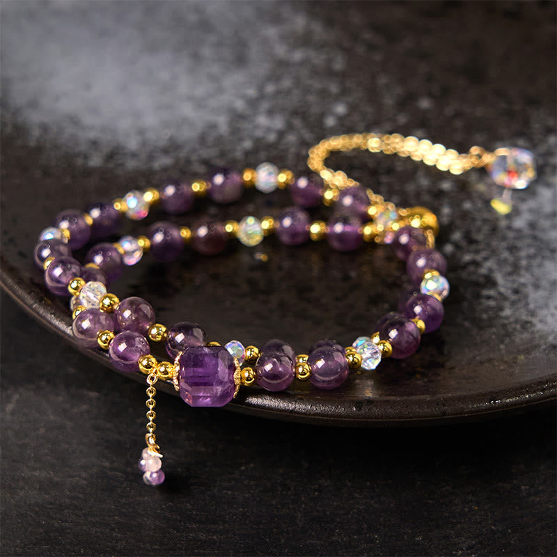 Foviel Natürliche Amethyst Square Perle Meditation spirituell Doppel Wrap Armband