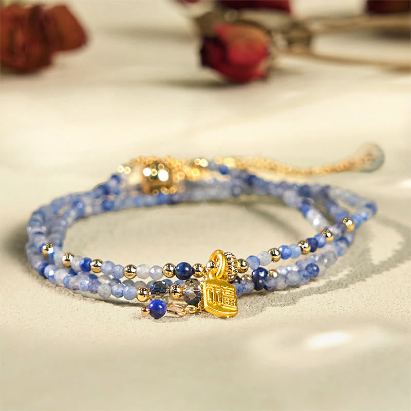 Buddha Stones 3mm Ultra-thin Beads Natural Lazurite Triple Wrap Fu Character Positive Bracelet - image 1