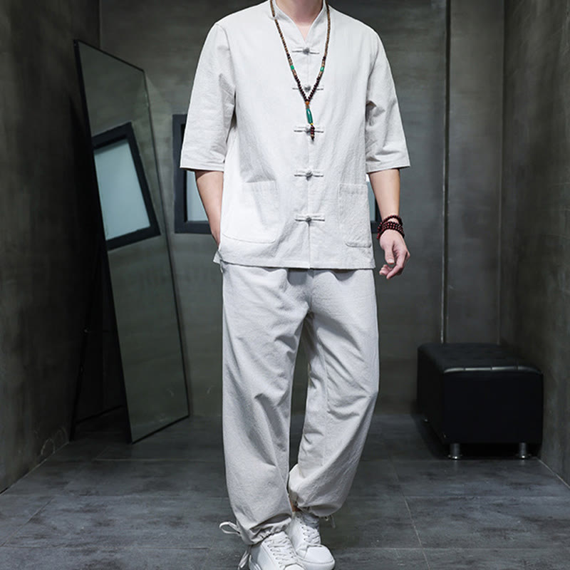 Foviel 2St Tang Anzug Frog-Button Design Hemd Hose mit Taschen Herren Baumwolle Bettwäsche Meditation Tuch Set