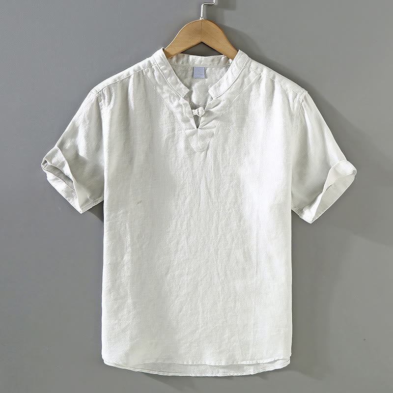 Buddha Stones Summer Solid Design Men's Short Sleeve Linen Shirt - LightGrey - US/UK/AU42,EU52 (3XL) - image 11