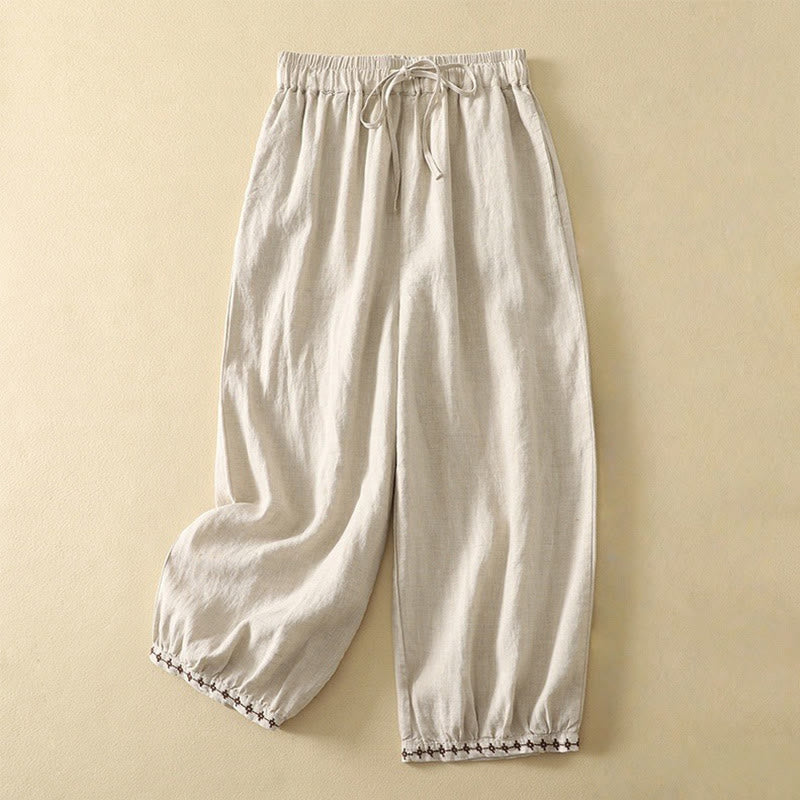Buddha Stones Casual Retro Drawstring Embroidery Design Women's Cotton Linen 7-8 Length Pants With Pockets - Linen - US12,UK/AU16,EU44 (2XL) - image 1