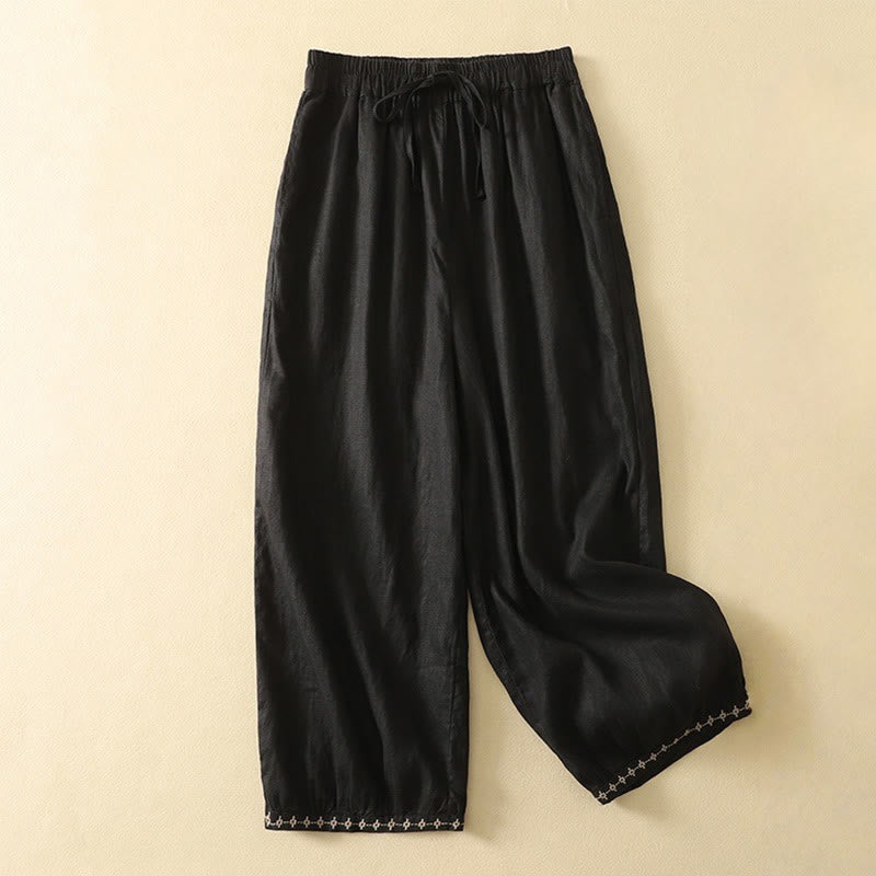 Buddha Stones Casual Retro Drawstring Embroidery Design Women's Cotton Linen 7-8 Length Pants With Pockets - Black - US12,UK/AU16,EU44 (2XL) - image 10