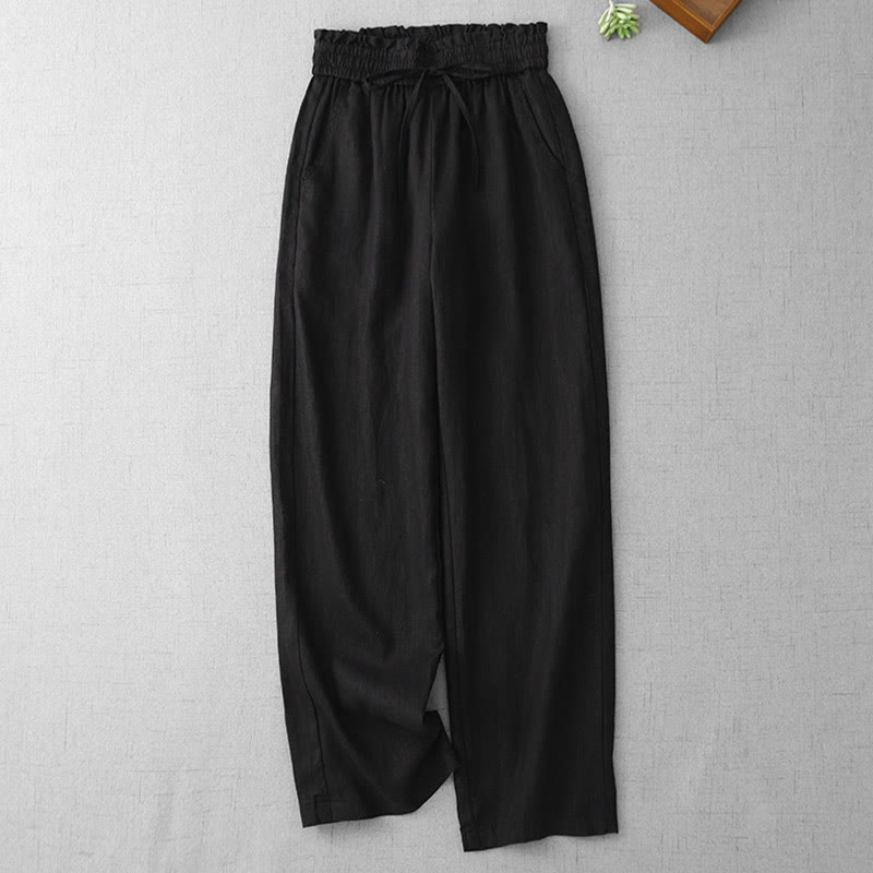 Buddha Stones Casual High Waist Ruffled Drawstring Design Women's Wide Leg Cotton Pants With Pockets - Black - US12,UK/AU16,EU44 (2XL) - image 16