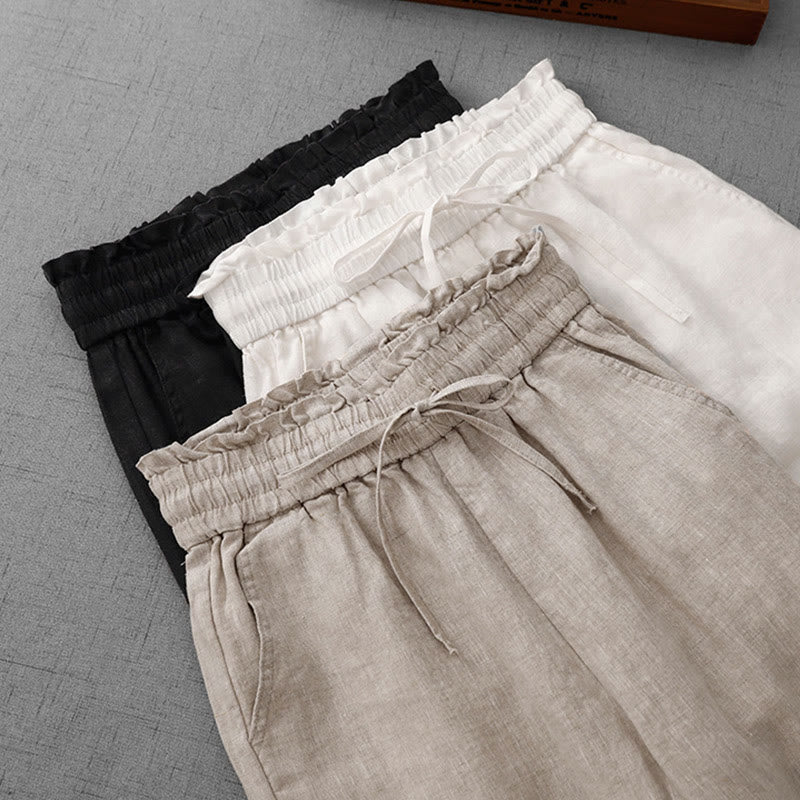 Buddha Stones Casual High Waist Ruffled Drawstring Design Women's Wide Leg Cotton Pants With Pockets - image 24