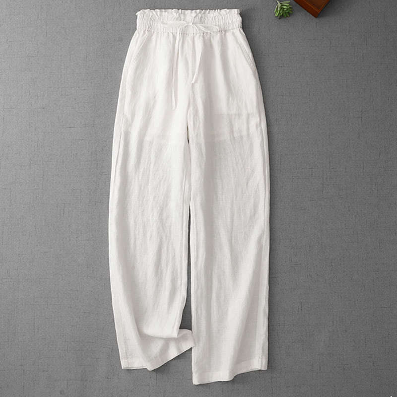 Buddha Stones Casual High Waist Ruffled Drawstring Design Women's Wide Leg Cotton Pants With Pockets - White - US12,UK/AU16,EU44 (2XL) - image 10