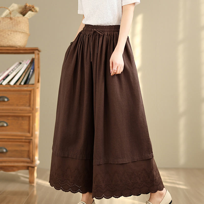 Buddha Stones Spring Embroidery Lace Hem Patchwork Drawstring Design Women's Wide Leg Cotton Pants With Pockets - SaddleBrown - US8-10,UK/AU12-14,EU40-42 (2XL) - image 12