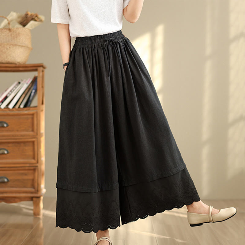 Buddha Stones Spring Embroidery Lace Hem Patchwork Drawstring Design Women's Wide Leg Cotton Pants With Pockets - Black - US8-10,UK/AU12-14,EU40-42 (2XL) - image 9