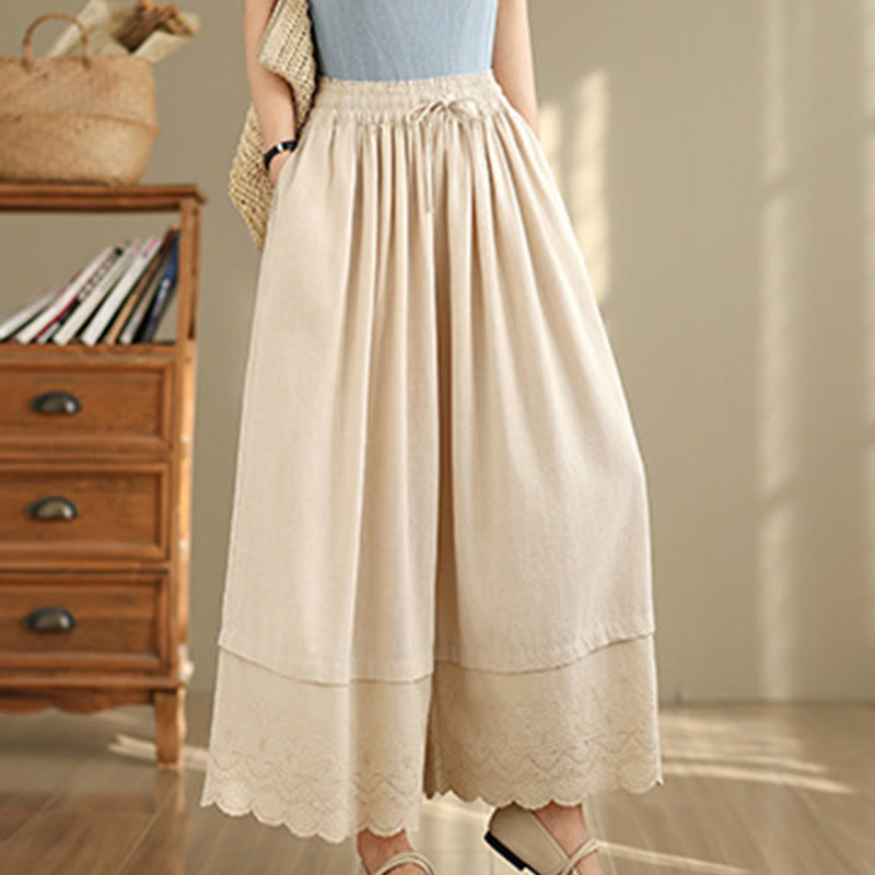 Buddha Stones Spring Embroidery Lace Hem Patchwork Drawstring Design Women's Wide Leg Cotton Pants With Pockets - Beige - US8-10,UK/AU12-14,EU40-42 (2XL) - image 0