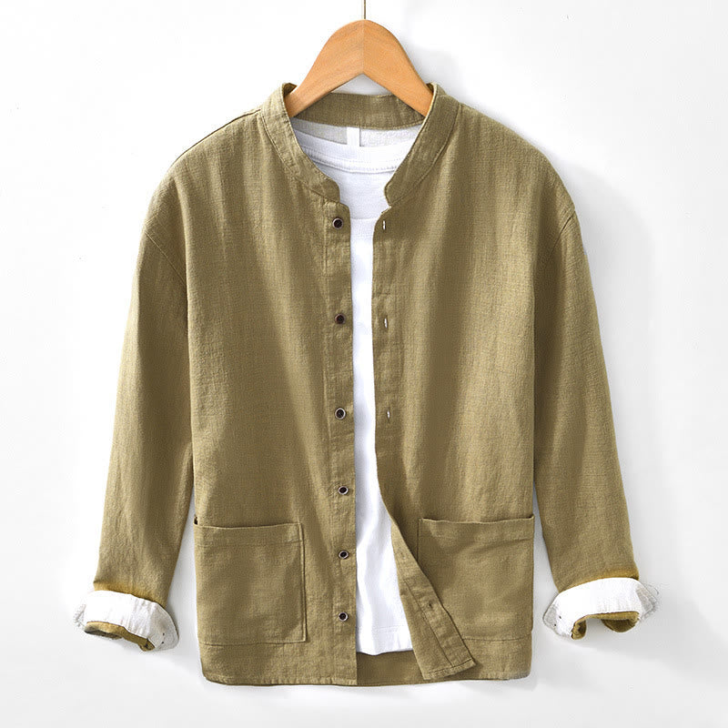 Buddha Stones Solid Color Men's Buttons Long Sleeve Cotton Linen Shirt With Pockets - YellowGreen - US/UK/AU42,EU52 (3XL) - image 23