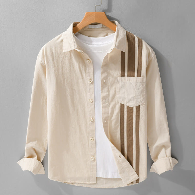 Buddha Stones Fall Lapel Color Contrast Patchwork Design Men's Long Sleeve Cotton Shirt With Pocket - Beige - US/UK/AU42,EU52 (3XL) - image 0