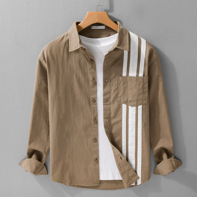 Buddha Stones Fall Lapel Color Contrast Patchwork Design Men's Long Sleeve Cotton Shirt With Pocket - Peru - US/UK/AU42,EU52 (3XL) - image 8