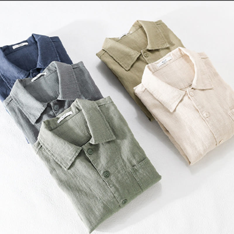 Buddha Stones Commute Fall Solid Color Lapel Men's Long Sleeve Cotton Linen Shirt With Pocket - image 33