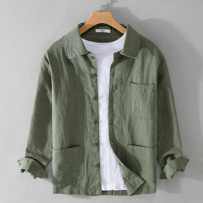 Buddha Stones Commute Fall Solid Color Lapel Men's Long Sleeve Cotton Linen Shirt With Pocket - MediumSeaGreen - US/UK/AU42,EU52 (3XL) - image 20