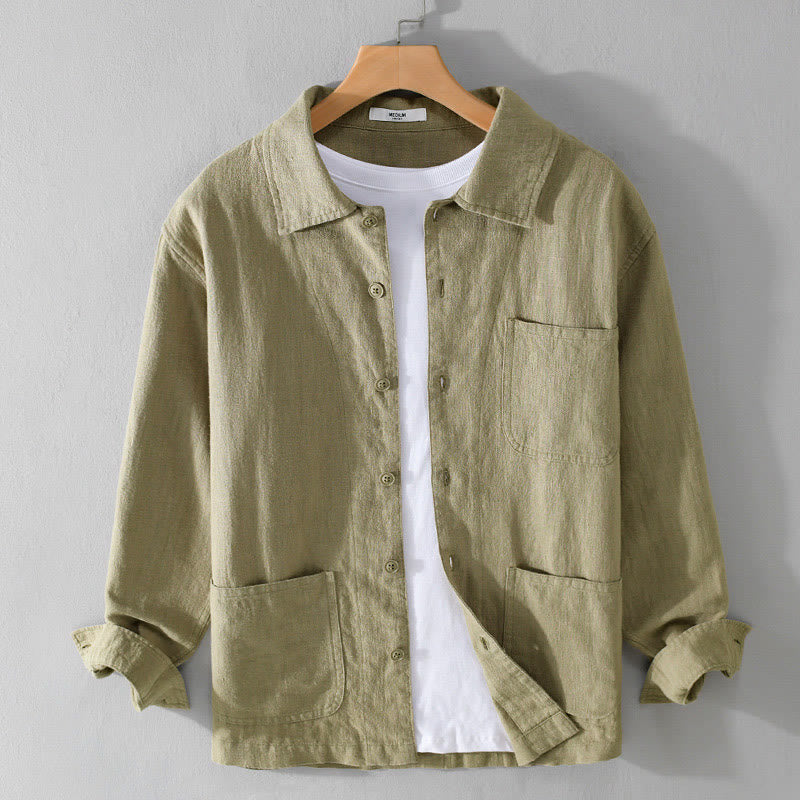 Buddha Stones Commute Fall Solid Color Lapel Men's Long Sleeve Cotton Linen Shirt With Pocket - YellowGreen - US/UK/AU42,EU52 (3XL) - image 26