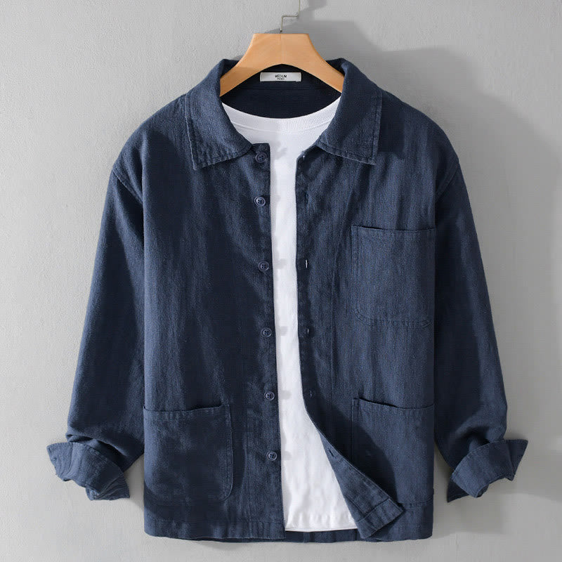 Buddha Stones Commute Fall Solid Color Lapel Men's Long Sleeve Cotton Linen Shirt With Pocket - MidnightBlue - US/UK/AU42,EU52 (3XL) - image 14