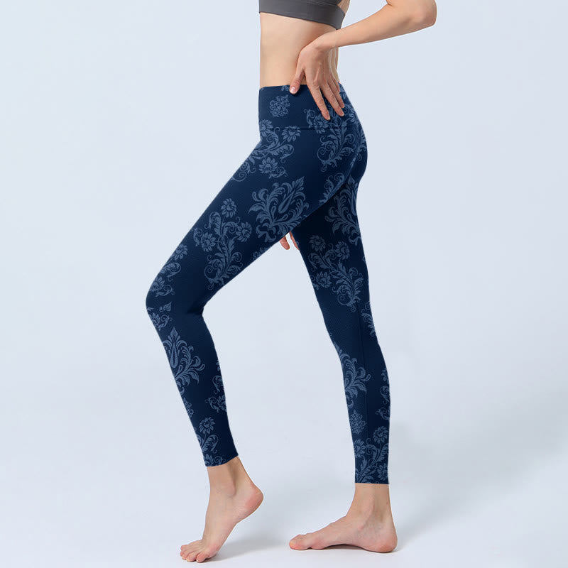 Buddha Stones Blue Floral Leaf Print Gym Leggings Women's Yoga Pants - image 3