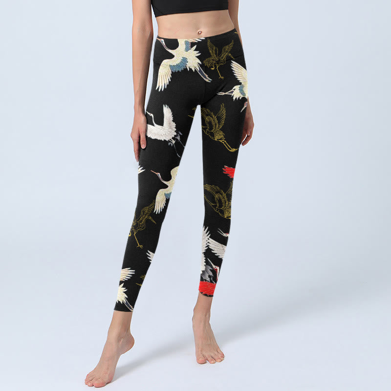 Buddha Stones White Red Gold Cranes Print Gym Leggings Women's Yoga Pants - image 6