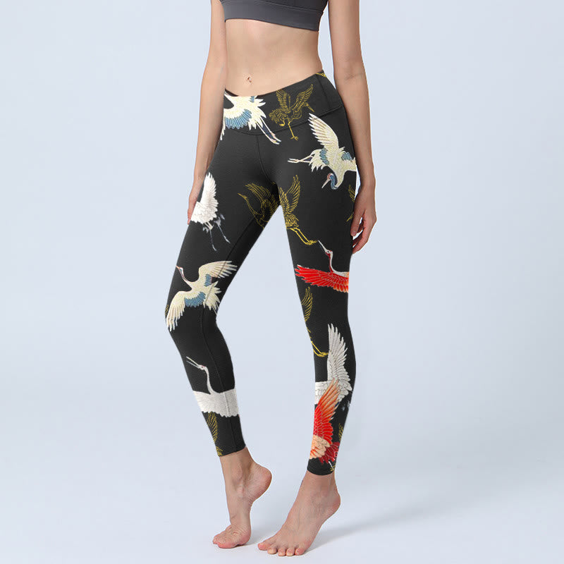 Buddha Stones White Red Gold Cranes Print Gym Leggings Women's Yoga Pants - Black - US18,UK/AU22,EU50 (4XL) - image 1