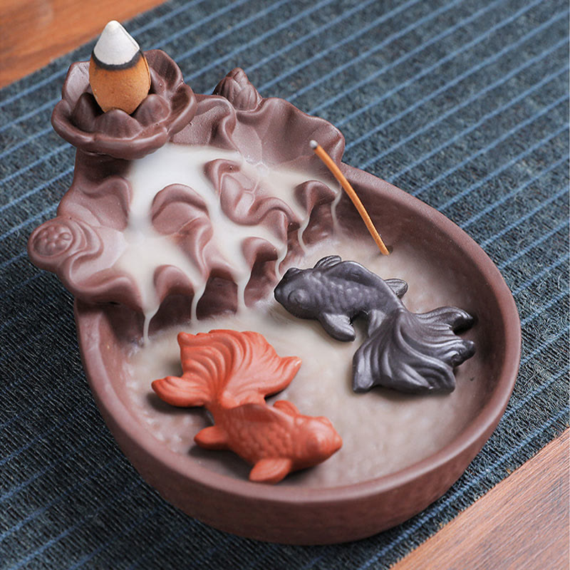 Buddha Stones Koi Fish Ox Purple Clay Ceramic Incense Stick Holder Healing Incense Burner Decoration - Koi Fish 10.8*13.5*5cm(without incense) - image 9