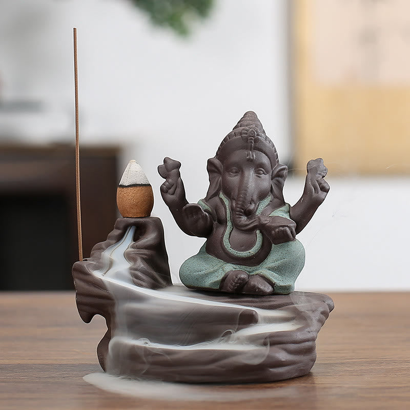 Buddha Stones Ganesh Elephant Purple Clay Backflow Smoke Fountain Protection Stick Incense Burner - Green 10.1*11cm - image 8