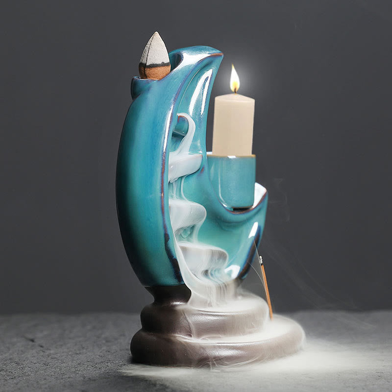 Buddha Stones Blue Crescent Moon Ceramic Backflow Smoke Fountain Meditation Candlestick Incense Burner Decoration - image 4