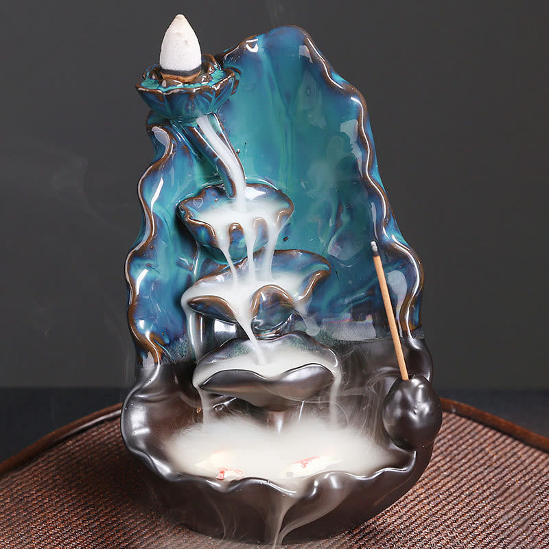 Buddha Stones Blue Lotus Leaf Ceramic Backflow Smoke Fountain Spiritual Incense Burner Decoration - image 6