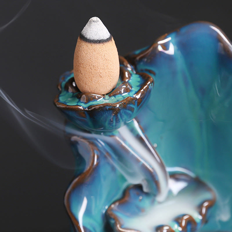 Buddha Stones Blue Lotus Leaf Ceramic Backflow Smoke Fountain Spiritual Incense Burner Decoration - image 7