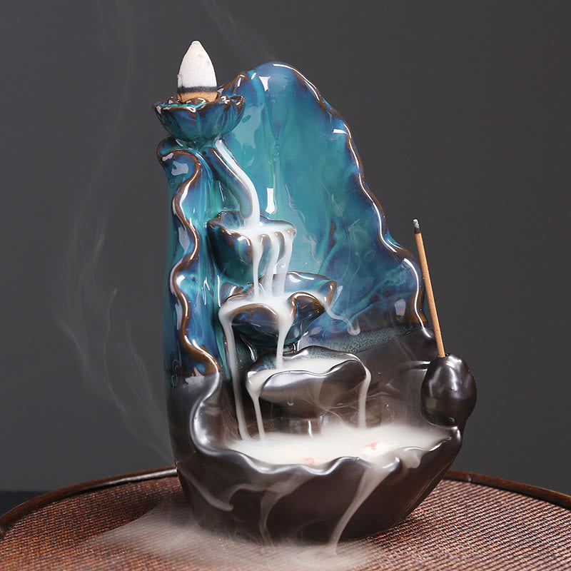 Buddha Stones Blue Lotus Leaf Ceramic Backflow Smoke Fountain Spiritual Incense Burner Decoration - image 2