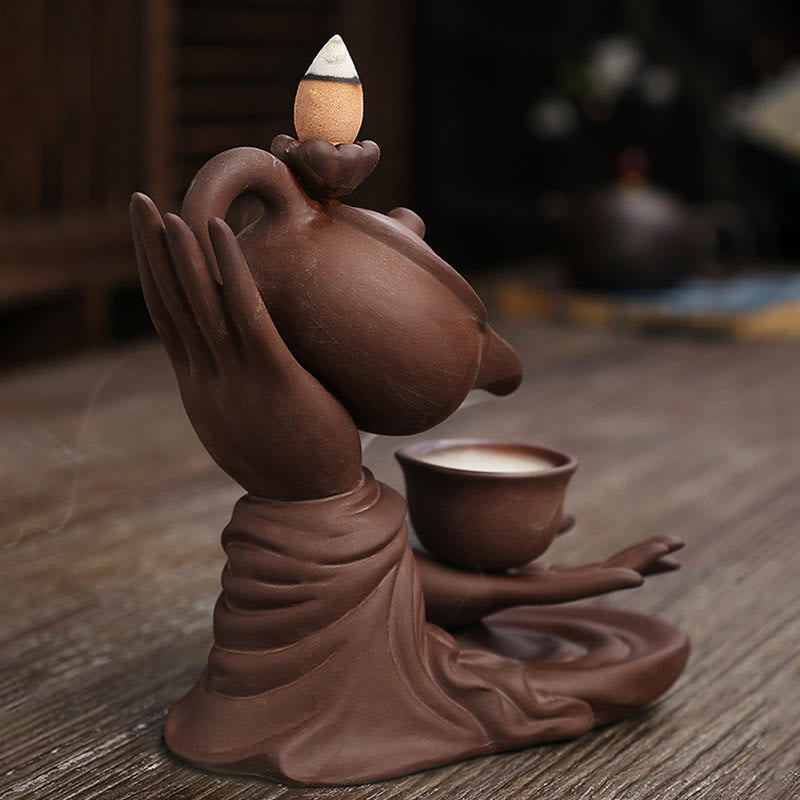 Buddha Stones Buddha Hand Holding Teapot Cup Ceramic Backflow Smoke Fountain Healing Incense Burner Decoration - image 15