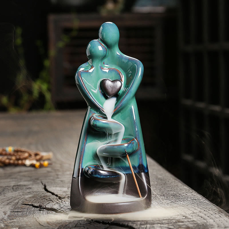 Buddha Stones Lovers Couple Embrace Love Ceramic Backflow Smoke Fountain Healing Incense Burner Decoration - 7.3*7.4*17.4cm - image 1