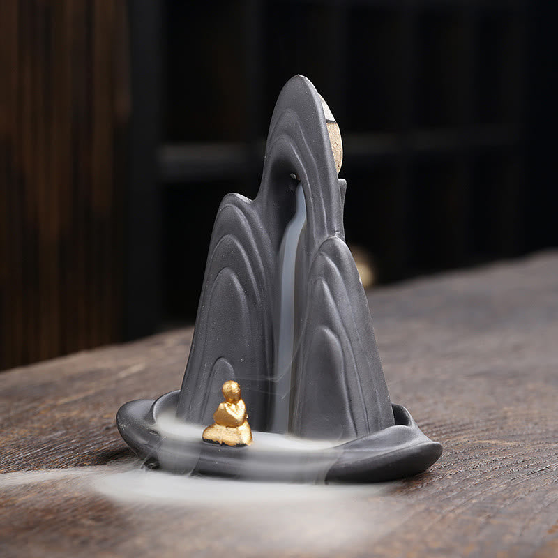 Buddha Stones Little Monk Mountains Flowing Water Purple Clay Ceramic Healing Backflow Incense Burner Decoration - image 2