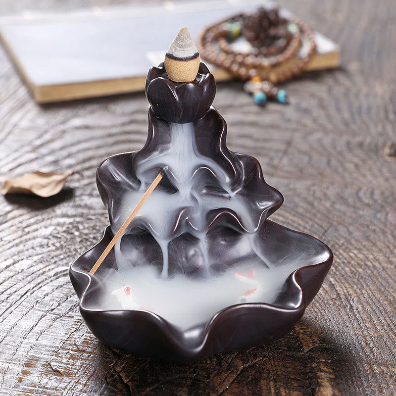 Buddha Stones Lotus Leaf Koi Fish Ceramic Backflow Smoke Fountain Peace Incense Burner Decoration - Black 11.5*11*10cm - image 12
