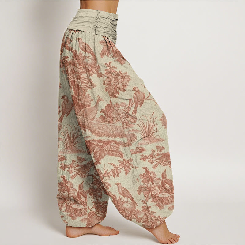 Buddha Stones Cotton Birds Trees Branches Pattern Women's Elastic Waist Harem Pants - image 2