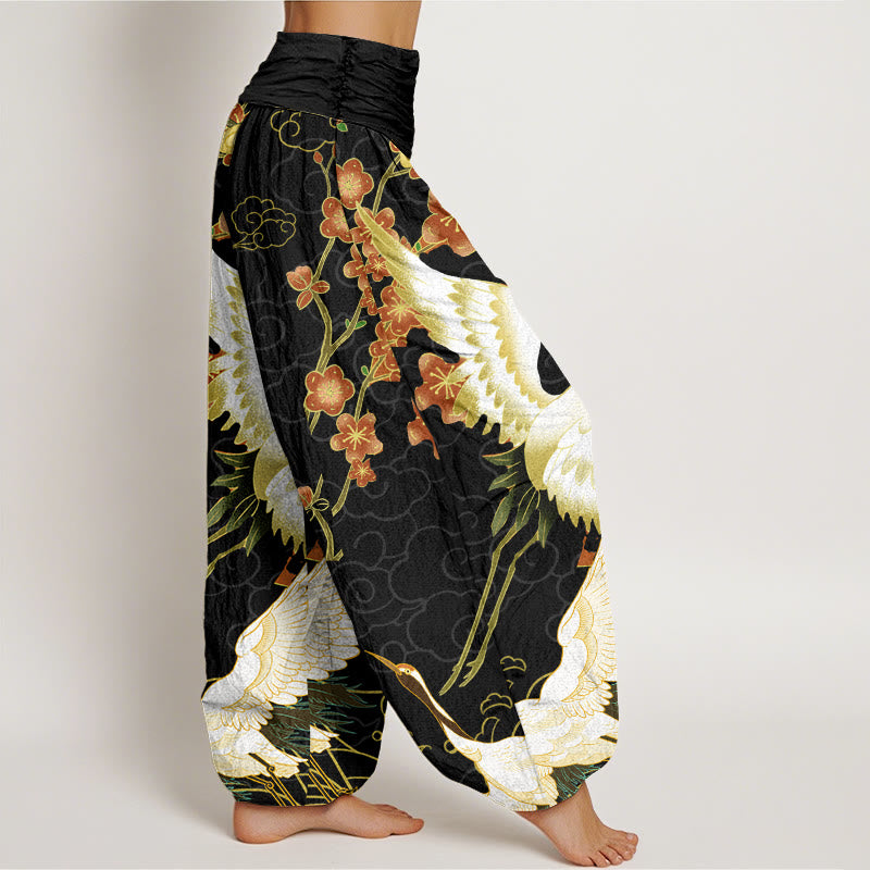 Buddha Stones Cotton Cranes Flowers Auspicious Clouds pattern Women's Elastic Waist Harem Pants - image 1