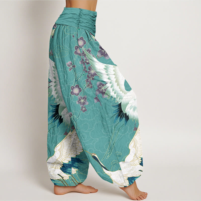 Buddha Stones Cotton Cranes Flowers Auspicious Clouds pattern Women's Elastic Waist Harem Pants - image 6