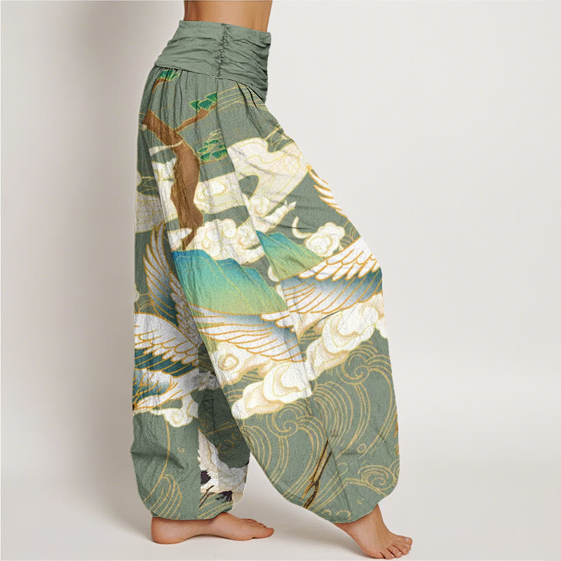Buddha Stones Flying Cranes Auspicious Clouds Tree women's Elastic Waist Harem Pants - image 6