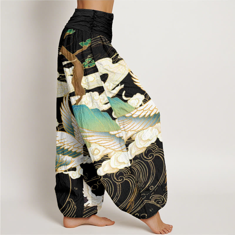 Buddha Stones Flying Cranes Auspicious Clouds Tree women's Elastic Waist Harem Pants - image 2