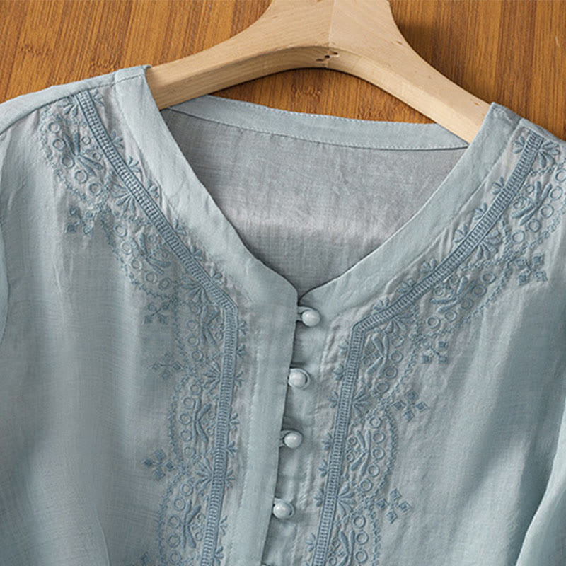 Buddha Stones Casual Embroidery Frog-Button Polyester Half Sleeve Women's V-neck Shirt - image 10