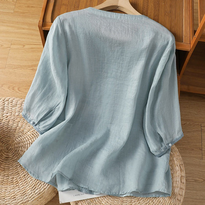 Buddha Stones Casual Embroidery Frog-Button Polyester Half Sleeve Women's V-neck Shirt - image 7