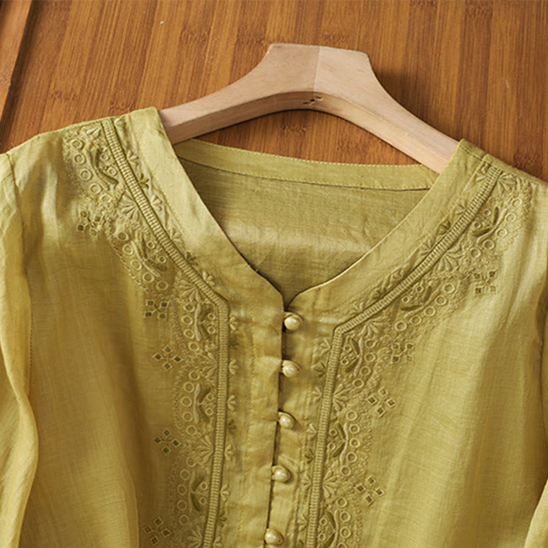 Buddha Stones Casual Embroidery Frog-Button Polyester Half Sleeve Women's V-neck Shirt - image 15