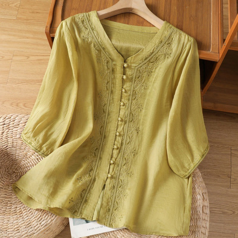 Buddha Stones Casual Embroidery Frog-Button Polyester Half Sleeve Women's V-neck Shirt - DarkKhaki - US12,UK/AU16,EU44 (2XL) - image 12