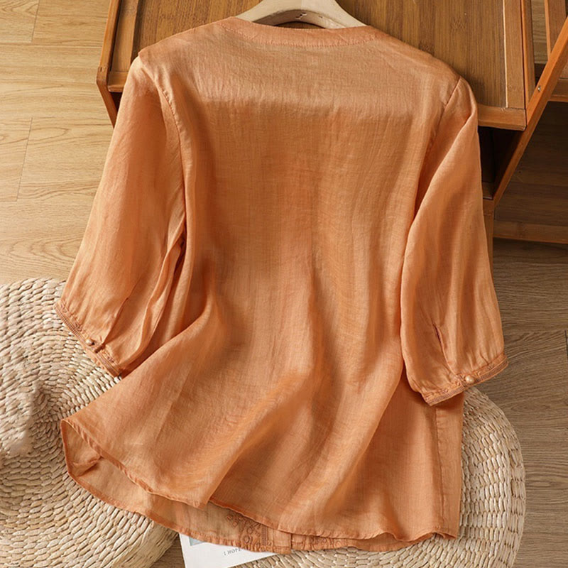 Buddha Stones Casual Embroidery Frog-Button Polyester Half Sleeve Women's V-neck Shirt - image 20
