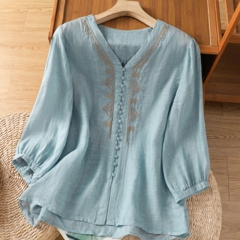 Buddha Stones Casual Embroidery Single Breasted Button Half Sleeve Women's V-neck Shirt - SkyBlue - US8-10,UK/AU12-14,EU40-42 (2XL) - image 0