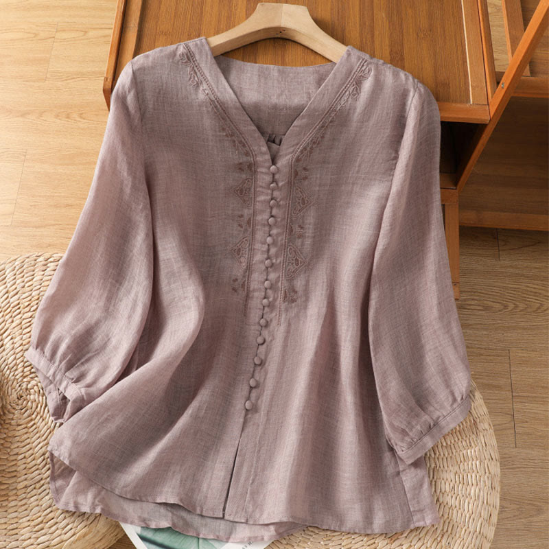 Buddha Stones Casual Embroidery Single Breasted Button Half Sleeve Women's V-neck Shirt - Thistle - US8-10,UK/AU12-14,EU40-42 (2XL) - image 10