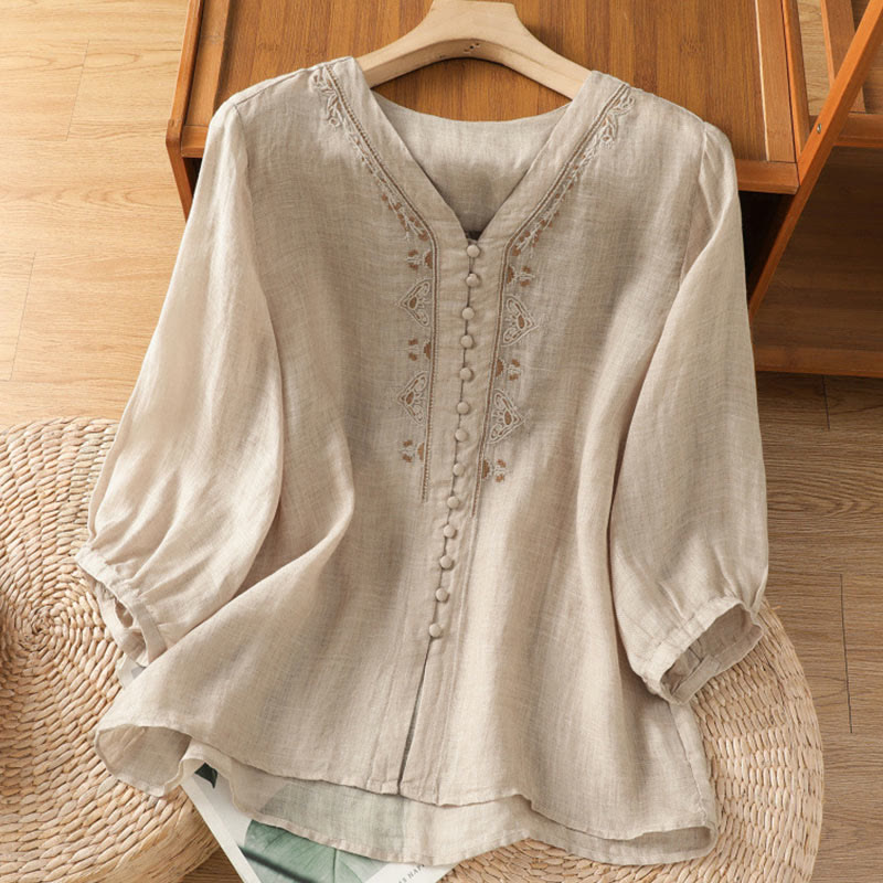 Buddha Stones Casual Embroidery Single Breasted Button Half Sleeve Women's V-neck Shirt - Beige - US8-10,UK/AU12-14,EU40-42 (2XL) - image 19