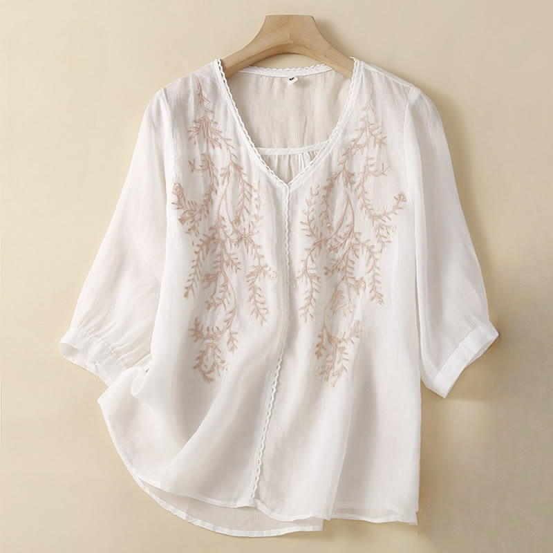 Buddha Stones Summer Casual Flower Branches Embroidered Pattern V-Neck Half Sleeve Women's T-shirt - White - US8-10,UK/AU12-14,EU40-42 (2XL) - image 5