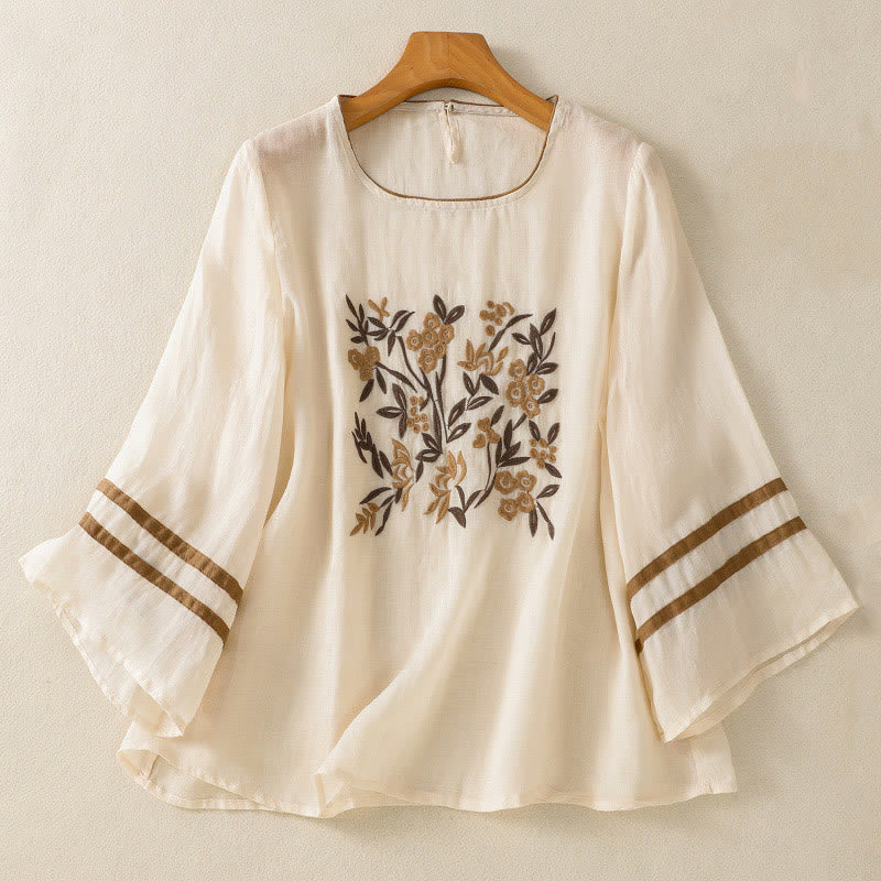 Buddha Stones Retro Embroidery Floral Three Quarter Sleeve Women's T-Shirt - Beige - US14,UK/AU18,EU46 (2XL) - image 0