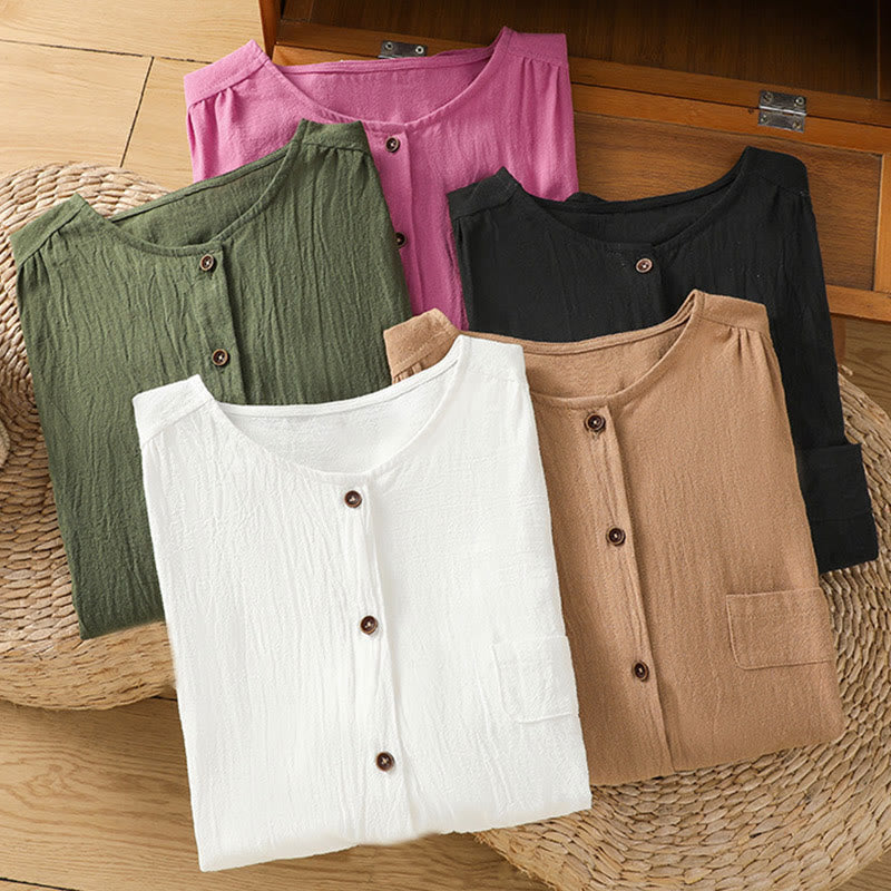 Buddha Stones Casual Plain Buttons Half Sleeve Women's Cotton Linen Shirt With Pocket - image 41