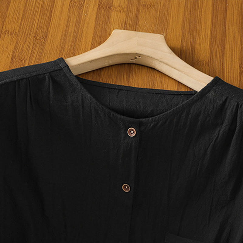Buddha Stones Casual Plain Buttons Half Sleeve Women's Cotton Linen Shirt With Pocket - image 13