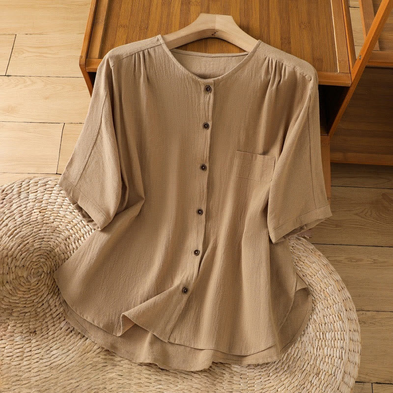 Buddha Stones Casual Plain Buttons Half Sleeve Women's Cotton Linen Shirt With Pocket - Goldenrod - US8-10,UK/AU12-14,EU40-42 (2XL) - image 25
